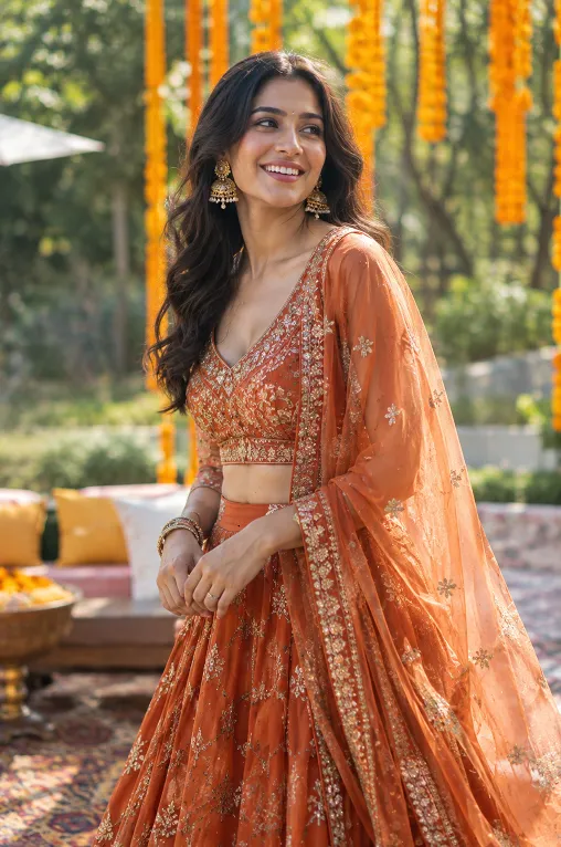 burnt orange lehenga as a safe wedding guest colour choice