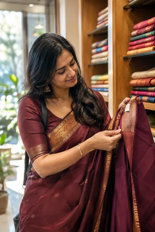 Woman draped in a silk saree checking the Handloom Mark label before buying