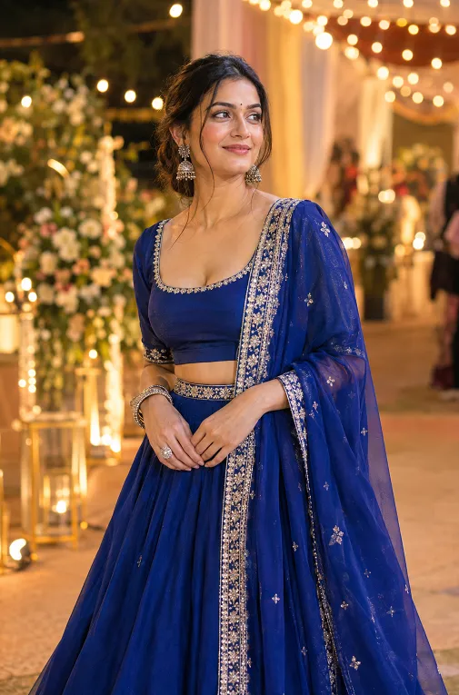 cobalt blue lehenga as a safe wedding guest colour choice