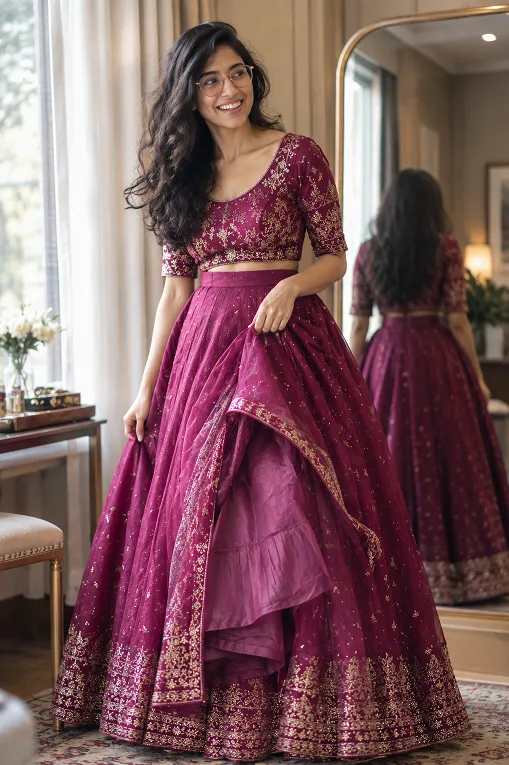 Woman showing a soft cotton underskirt layer beneath a heavy lehenga can-can for comfort