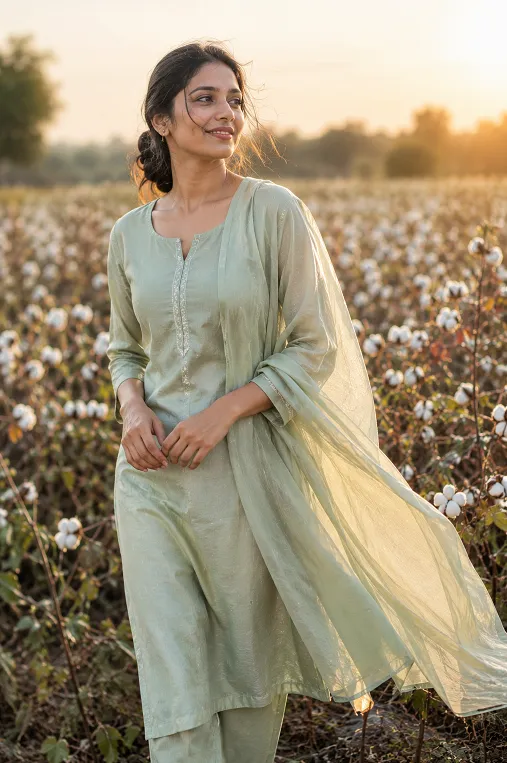 Woman in a green viscose kurta standing beside a cotton field, comparing natural and regenerated fibres