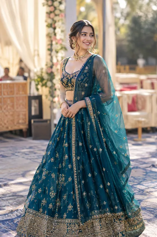 deep teal lehenga as a safe wedding guest colour choice