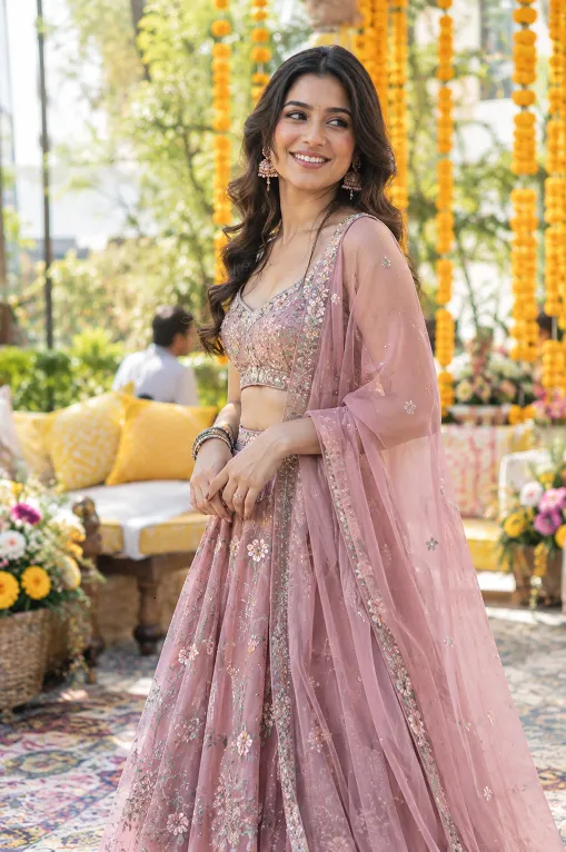 dusty rose lehenga as a safe wedding guest colour choice