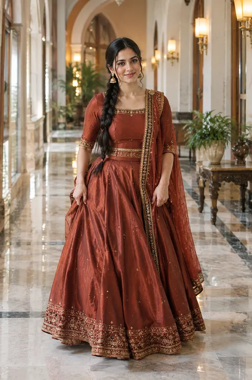 Woman gathering a heavy lehenga from both hips instead of the front while walking