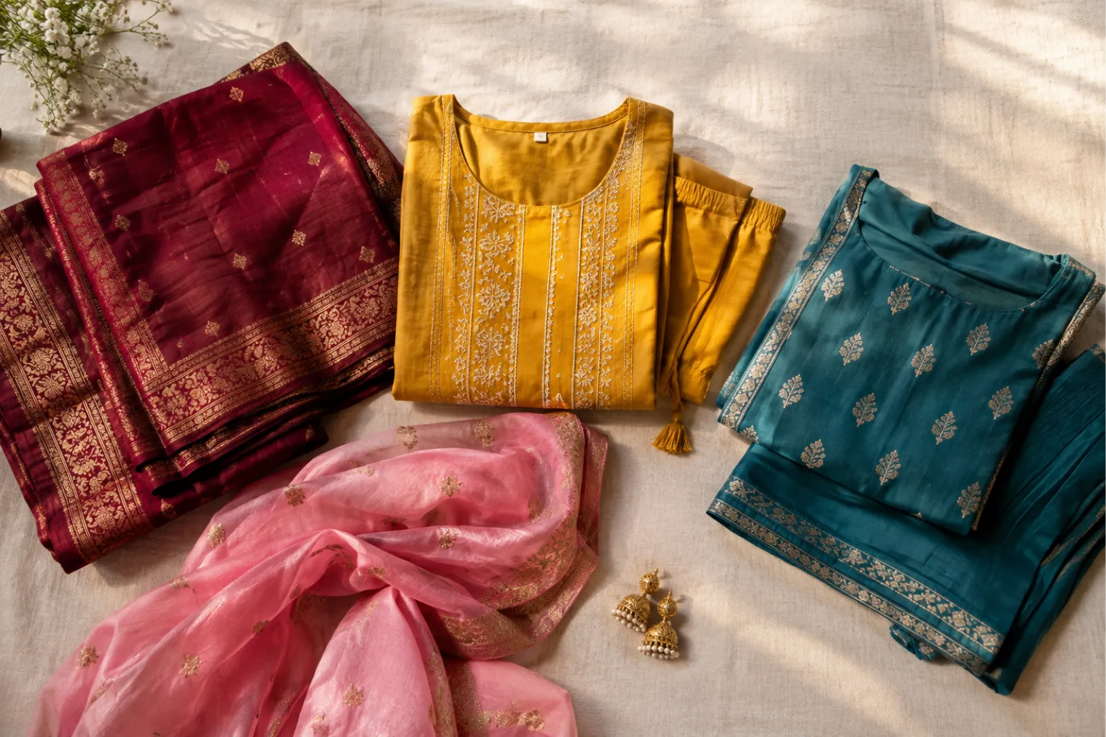 Flatlay of different girls dress name styles laid out for comparison including saree kurti and lehenga