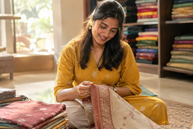 Woman checking pin marks near saree border to identify handloom vs power loom fabric