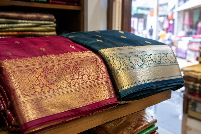 handwoven silk saree draped showing natural weave texture