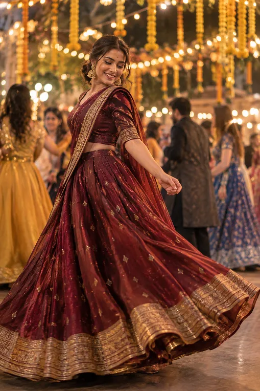 Woman twirling at a sangeet to show how to dance in a heavy lehenga