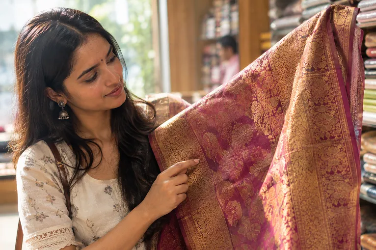 jacquard woven motif detail on a silk saree border