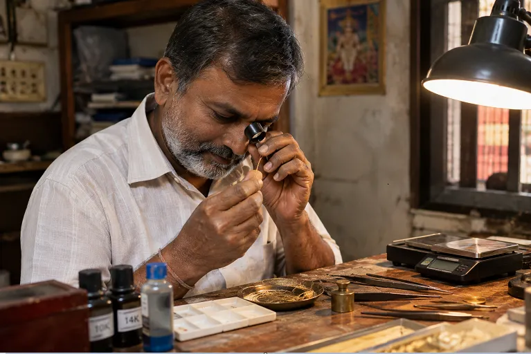 Jeweller testing zari thread purity with equipment in a Surat workshop