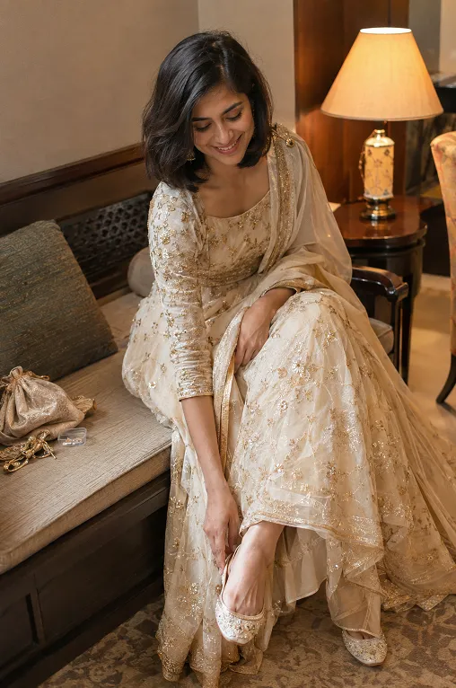 Woman changing into soft juttis as one of the lehenga comfort tips for a long night of dancing