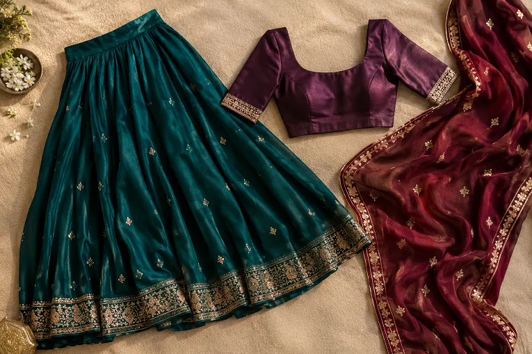 Lehenga skirt, blouse, and dupatta laid out separately to show three-piece colour blocking
