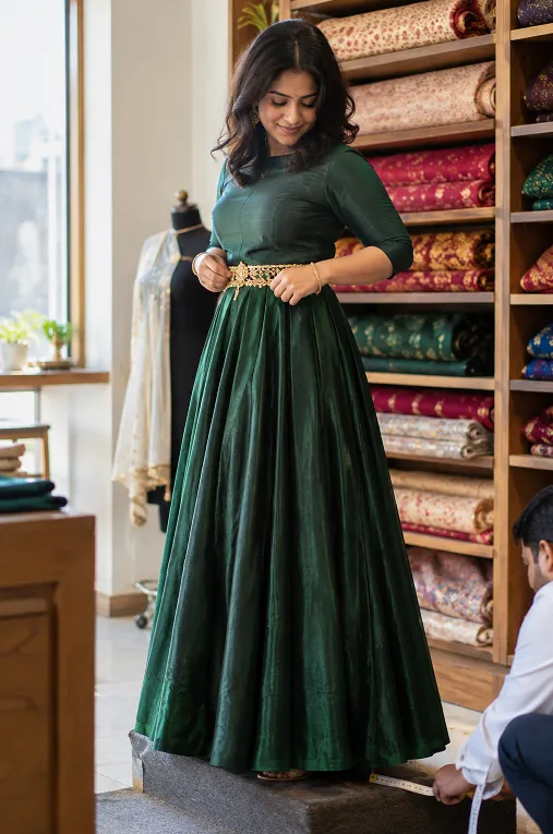 Woman adjusting a kamarbandh during a lehenga fitting to check waist and hem length