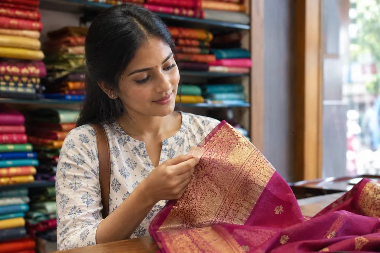 Woman comparing real vs fake zari on a wedding saree border in a Surat textile shop