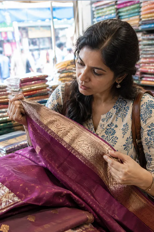 real zari thread compared to imitation zari on a saree border