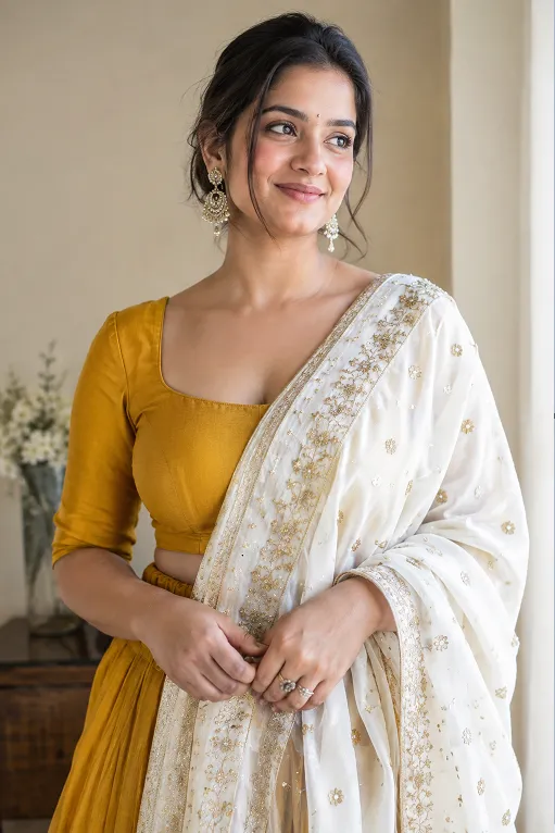 Close-up of a white embroidered dupatta used as an accent rather than the dominant colour on a guest lehenga