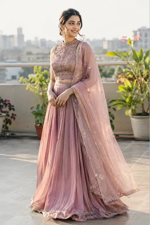 Smiling woman in a dusty rose georgette lehenga on a terrace, styled using budget lehenga shopping tips