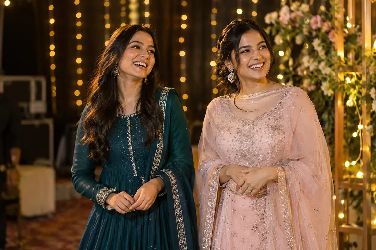 Two women comparing a lehenga vs anarkali for sangeet backstage before the dance floor opens