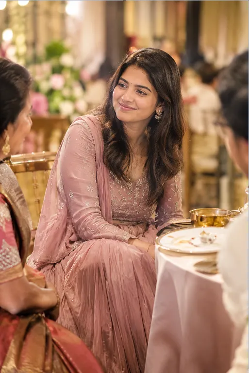 Woman seated comfortably at a wedding dinner table in a lined-waist lehenga
