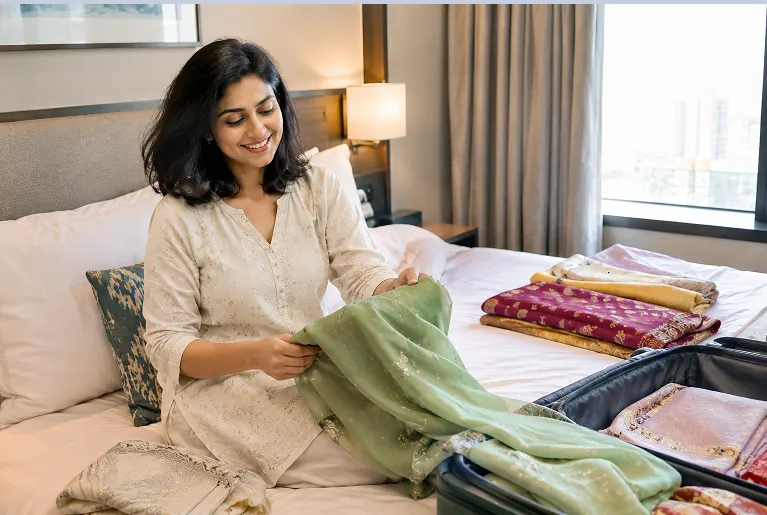 Woman laying out sarees and kurta sets on a hotel bed, following a wedding outfit planning guide