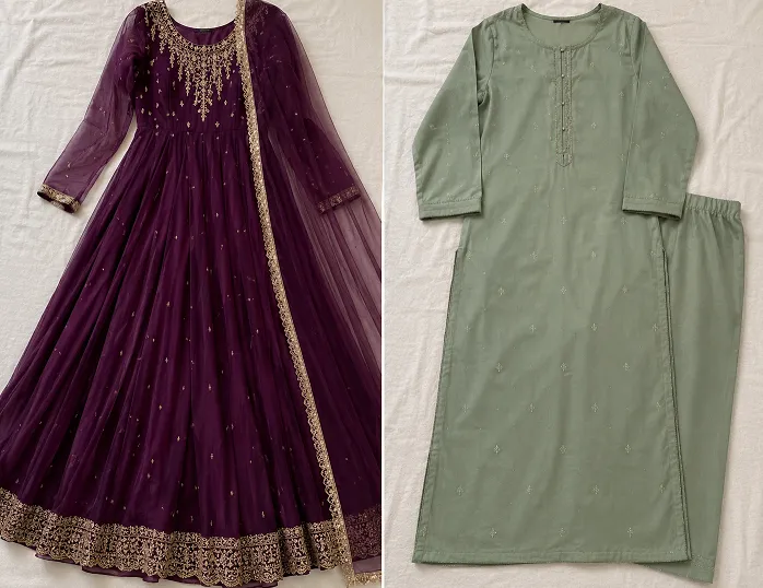 Anarkali vs straight salwar kameez comparison showing georgette Anarkali and cotton straight kurta silhouettes