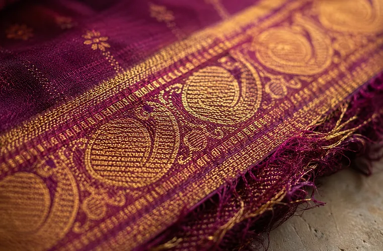 Close-up view of Banarasi silk saree zari border showing gold thread weave texture