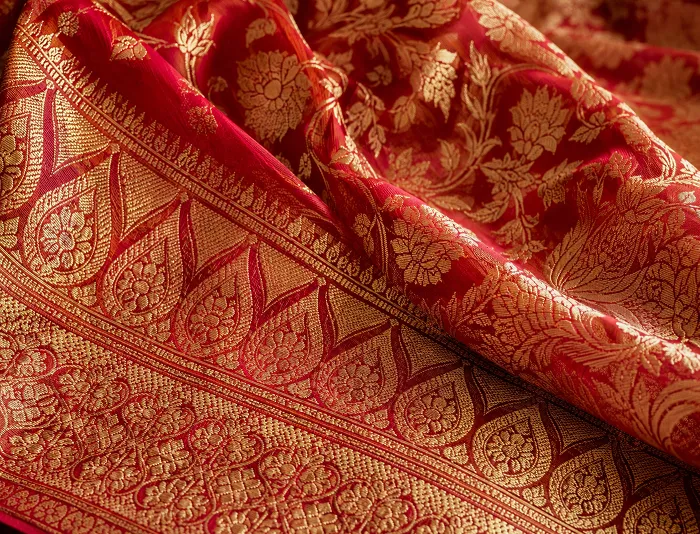 Close-up of Banarasi silk saree showing gold zari brocade weave on deep red fabric in natural light