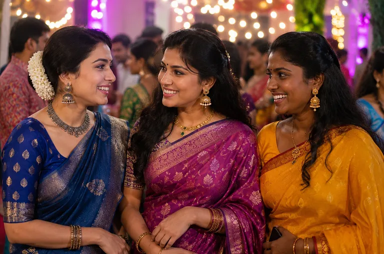 Indian women wearing vibrant ethnic wear colours during Navratri, showing how different shades complement various skin tones and enhance traditional festive styling.