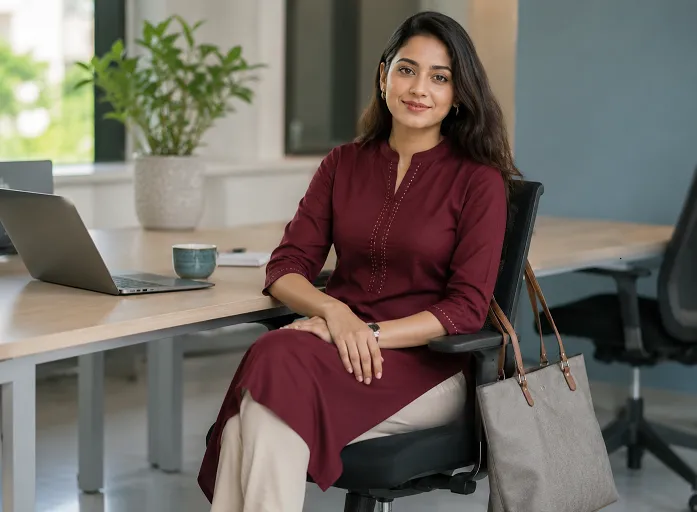 Burgundy straight kurta style for working women with minimal collar embroidery and tote bag at an office desk