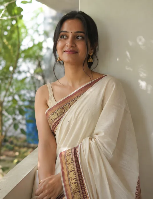 Woman wearing off-white Chettinad cotton saree with temple border and simple gold jhumkas standing outdoors in soft morning light