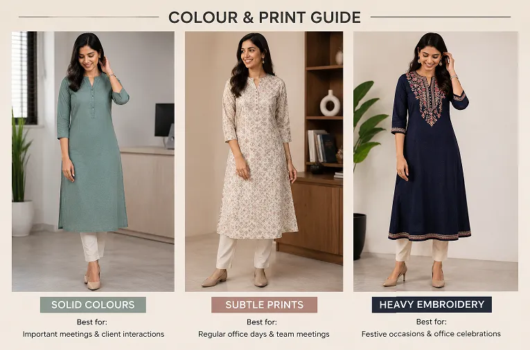 Three kurtas showing style guide with solid color kurta, subtle geometric print kurta, and heavy embroidered kurta laid flat with labels for when to wear each style