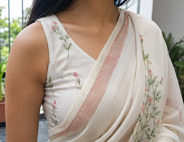 Close-up of cotton saree with matching cotton blouse showing fabric texture and lightweight summer style