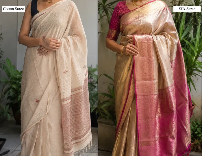 Side by side comparison of lightweight cotton saree and glossy silk saree showing fabric texture and drape difference