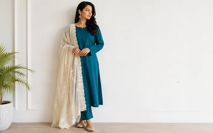 colour combinations for ethnic wear, deep teal kurta with ivory dupatta
