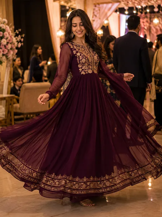 Woman wearing a festive georgette Anarkali dress with embroidered yoke showing the flowing flare during an indoor event
