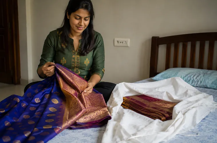 Indian woman folding a silk saree with muslin cloth for safe saree storage