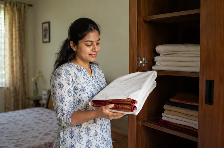 Indian woman storing silk saree wrapped in muslin cloth inside a wooden almirah