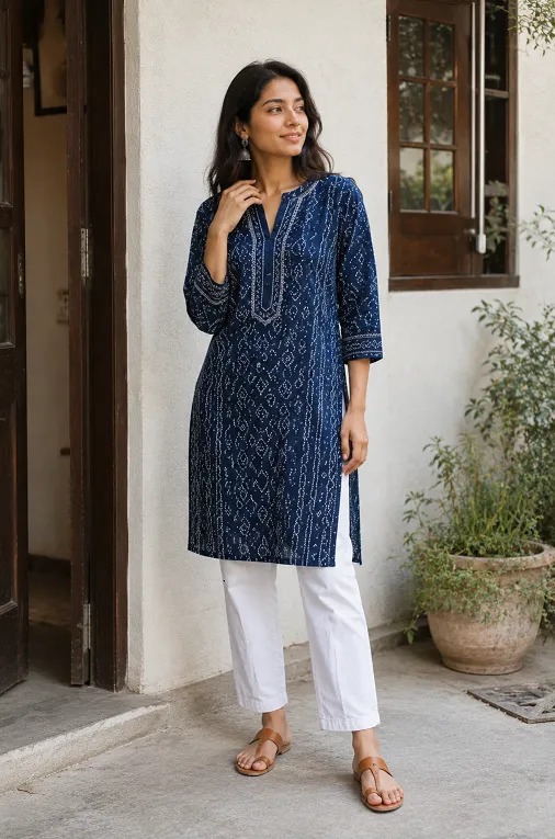 Woman wearing deep indigo bandhani kurta with crisp white straight jeans and kolhapuri chappals