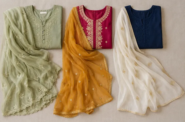 Flat lay showing three kurta dupatta colour combinations including analogous, contrast, and deep plus pale pairings
