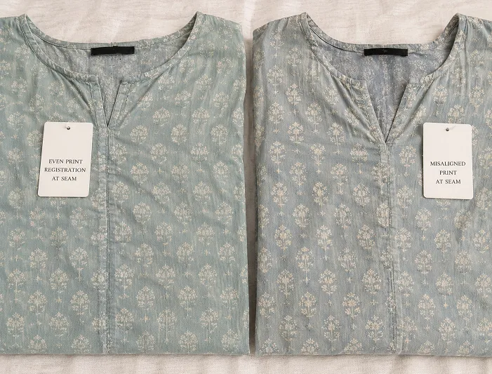 Kurta print quality comparison showing even print registration and misaligned print at seam in a flat lay view