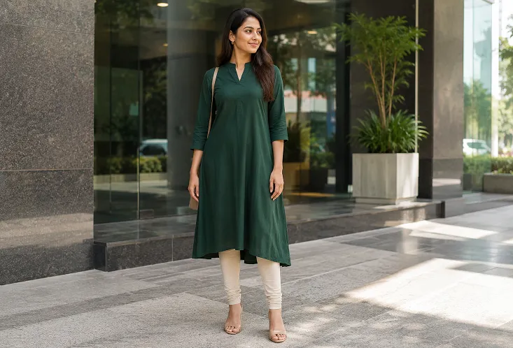 Kurta styles for working women featuring a forest green A-line modal kurta with slim churidar pants outside a modern office building