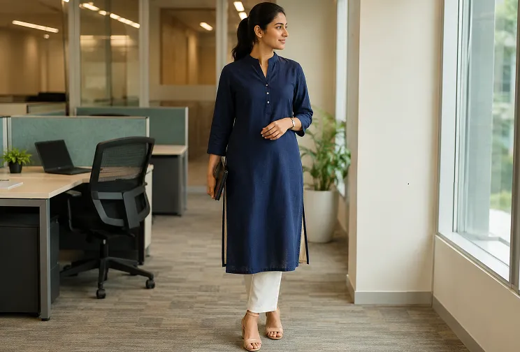 Kurta styles for working women featuring a navy blue straight cotton linen kurta with ivory trousers and block heels in a modern office setting