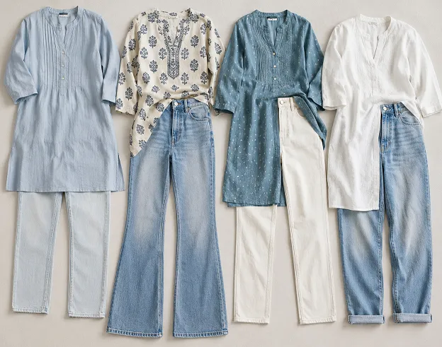 Four trendy kurti with jeans style combinations including straight, flared, high-waist and boyfriend jeans