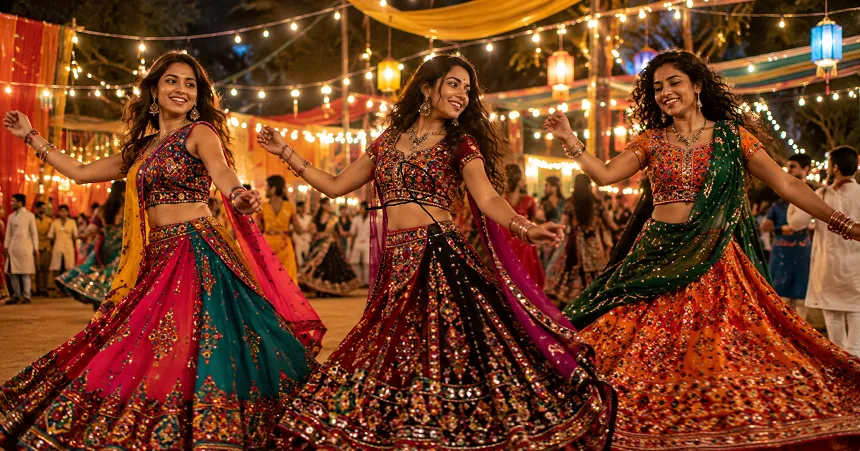 Three women dancing garba in colourful chaniya cholis with flared outfits at Navratri celebration