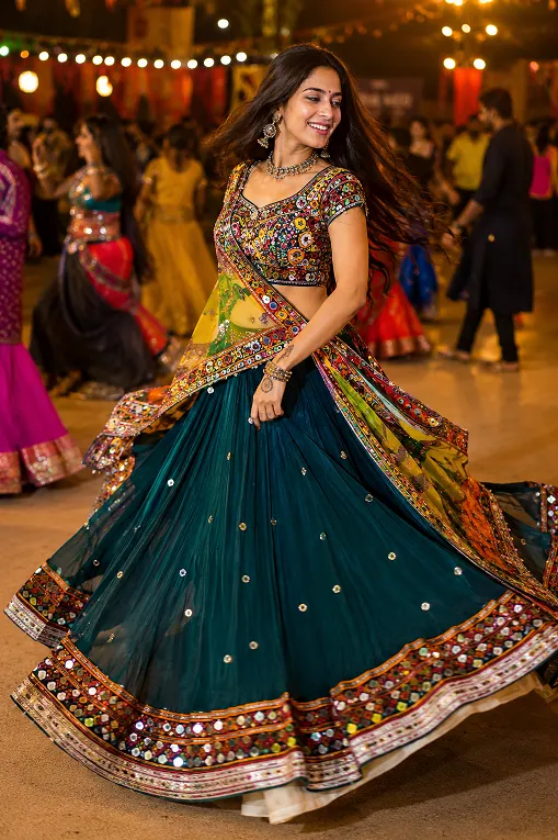 navratri outfit ideas: Woman wearing georgette chaniya choli with mirror work border dancing garba at Navratri night