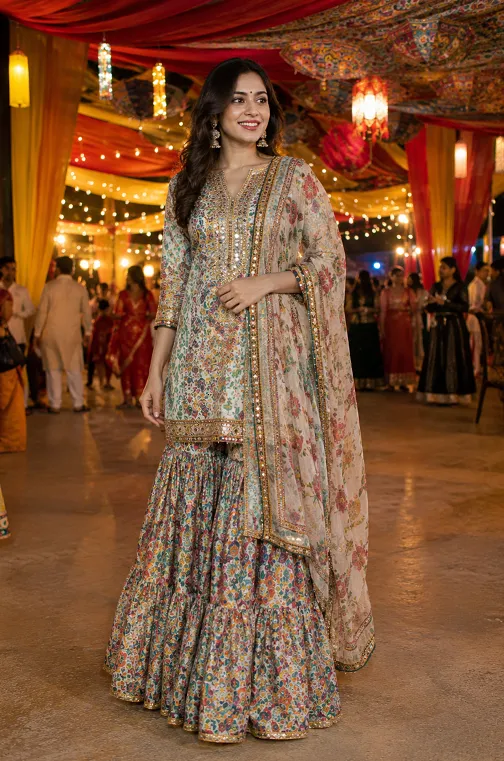 Woman wearing printed georgette sharara set with embroidered kurta at festive Navratri venue