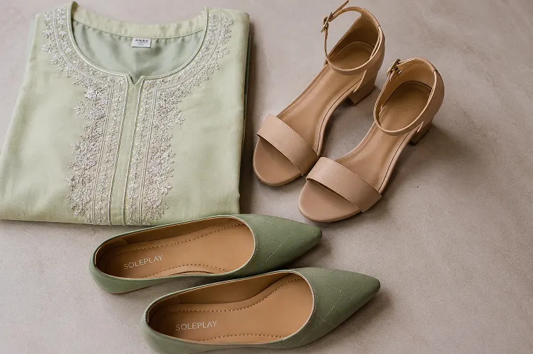 Block heel sandals and pointed flat shoes arranged beside a folded office-wear salwar kameez in a clean product-style fashion flat lay.