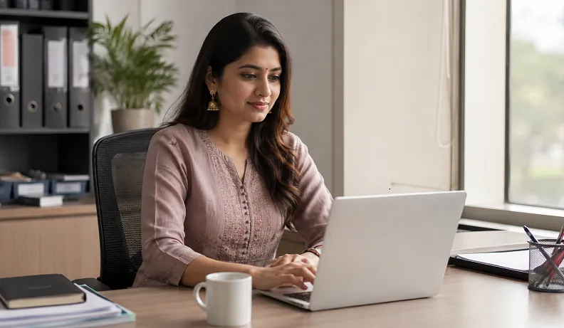Woman wearing a dusty tone cotton salwar kameez working at an office desk with natural light