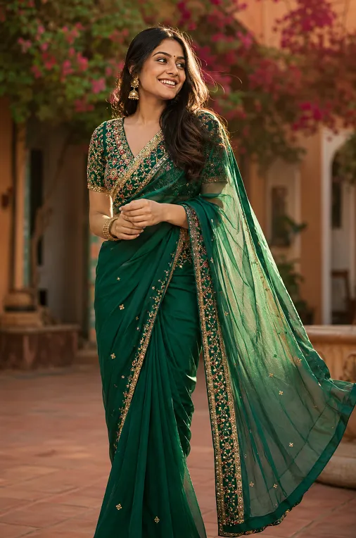 Woman with pear body shape wearing a georgette saree with embellished border and embroidered blouse