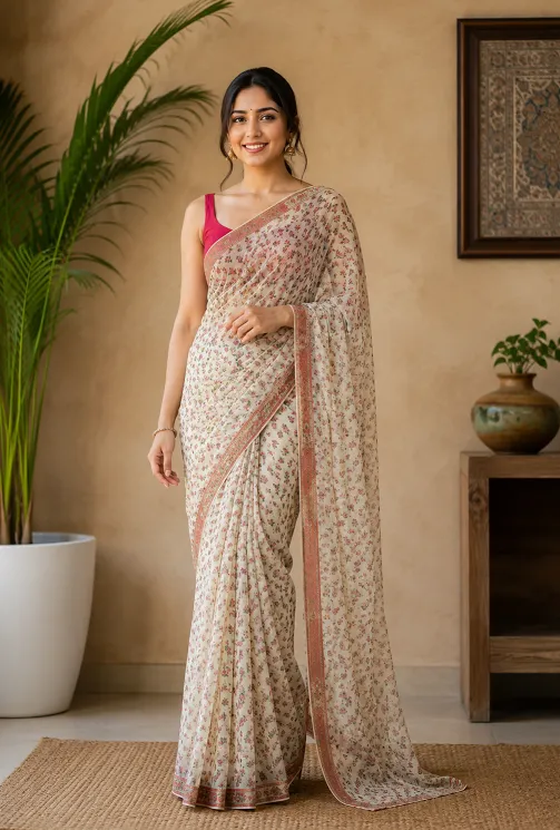 Petite woman wearing a chiffon saree with small allover print and thin border